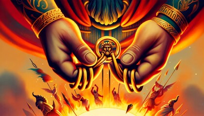 A whimsical animated art style image depicting a close-up of Phaeton's hands desperately gripping the reins of the sun chariot, ensuring there are no . - obrazy, fototapety, plakaty