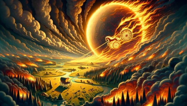 A whimsical animated art style image depicting Phaeton's chariot skimming dangerously close to the Earth, setting landscapes ablaze.