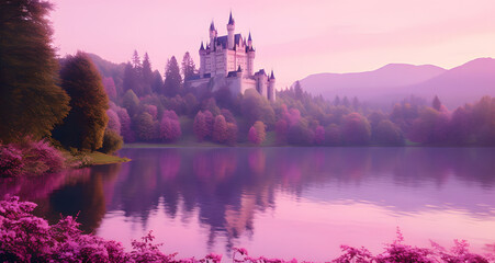 a purple castle in the middle of a lake surrounded by trees - Powered by Adobe