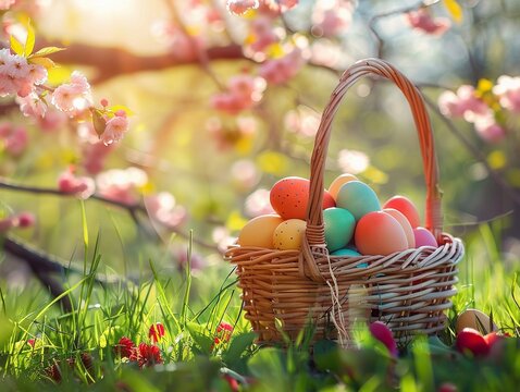 Colorful eggs in a basket in spring sunny blooming cherry orchard.