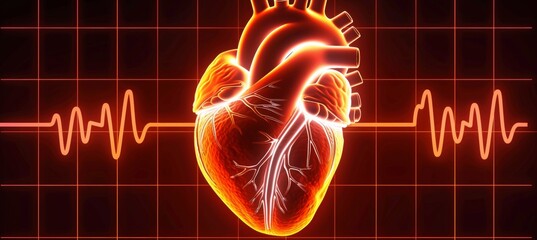 Abstract human heart shape with red digital pulse line on black background for cardiology concept.