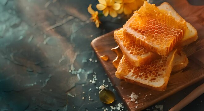 Breakfast scene with honeycomb and honey on toast