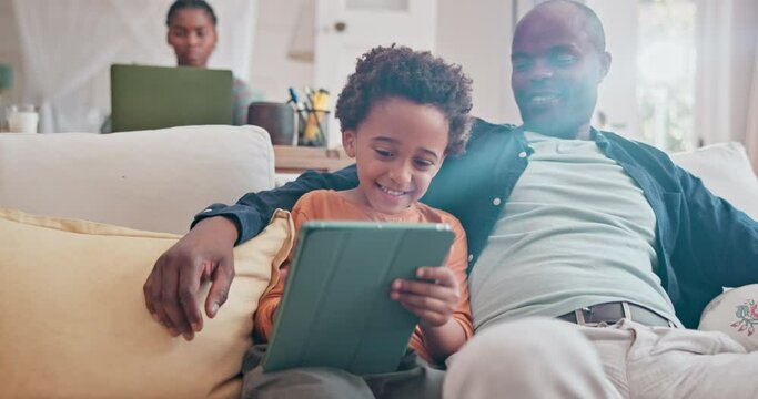 Dad, kid and learning with tablet on sofa for homeschool or online assessment and virtual education for courses. Parent, child and couch with touchscreen for digital literacy and growth development.