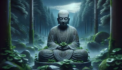 Ancient stone monk with Buddha face with secret patterns on the stone skin in a tranquil and contemplative atmosphere