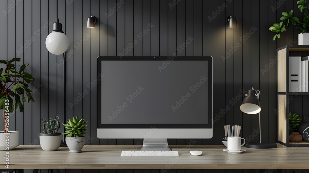 Poster responsive web site mockup. computer display, laptop, tablet and smart phone on desk with isolated, 