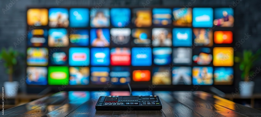 Poster abstract multimedia background with a mix of web streaming media and tv video technology channels.
