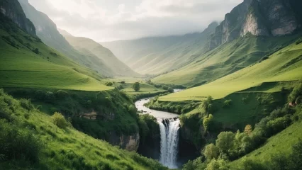 Tuinposter Picturesque valley with a cascading waterfall, surrounded by lush greenery and a meadow © Damian Sobczyk