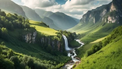 Schilderijen op glas Picturesque valley with a cascading waterfall, surrounded by lush greenery and a meadow © Damian Sobczyk