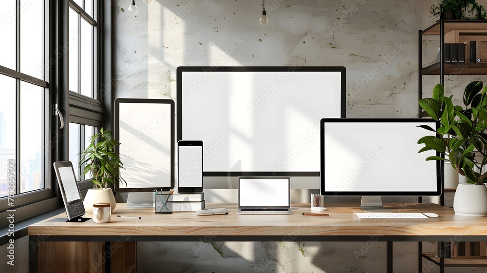 Poster responsive web site mockup. computer display, laptop, tablet and smart phone on desk with isolated, 