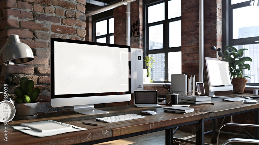 Poster responsive web site mockup. computer display, laptop, tablet and smart phone on desk with isolated, 