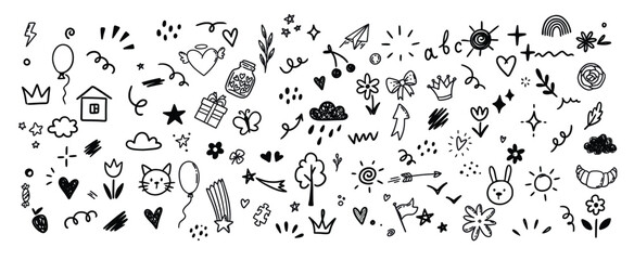  Hand drawn kid icon sketch funny cute element flower, cloud, balloon. Doodle line sketch childish element set. Flower, heart, cloud children draw style design elements background. Vector