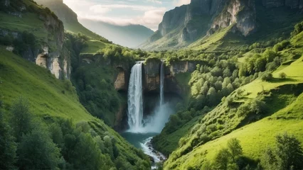 Foto auf Acrylglas Picturesque valley with a cascading waterfall, surrounded by lush greenery and a meadow © Damian Sobczyk