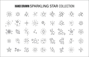 Hand drawn stars silhouette vector collection. Firework sparkles icons set isolated on white. Decoration flicker, flash magic symbol. Vector illustration.