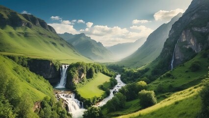 Fototapeta na wymiar Picturesque valley with a cascading waterfall, surrounded by lush greenery and a meadow