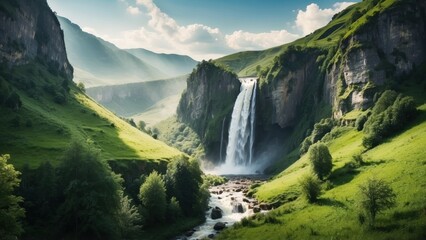 Picturesque valley with a cascading waterfall, surrounded by lush greenery and a meadow