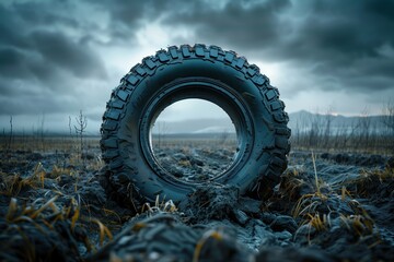 Isolated heavy-duty tire standing in a desolate field, stormy sky looming, evoking solitude and durability, Concept of environmental impact and resilience