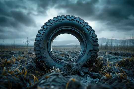 Isolated heavy-duty tire standing in a desolate field, stormy sky looming, evoking solitude and durability, Concept of environmental impact and resilience