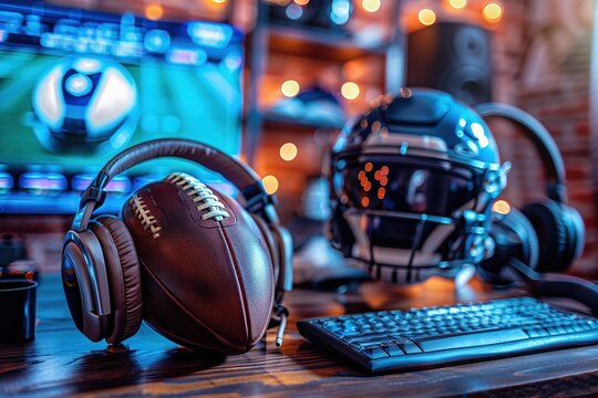Gamer setup with football-themed headphones, helmet, and screen, vibrant colors depicting a gaming and sports crossover, Concept of esports, gaming culture, and interactive entertainment