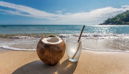 Água de coco. Bebida. Fruta. Praia e mar. - obrazy, fototapety, plakaty