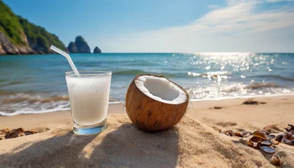 Poster Água de coco. Bebida. Fruta. Praia e mar. © Rmcarvalhobsb