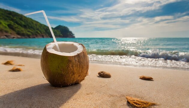&Aacute;gua de coco. Bebida. Fruta. Praia e mar.