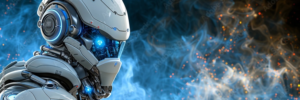 Poster white humanoid robot portrait with ai features, offering ideal copy space for text placement.