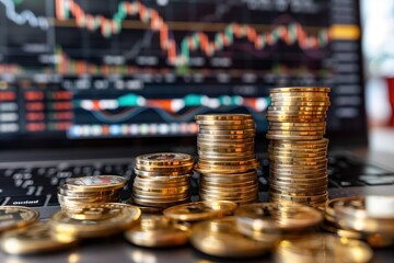 Stacked coins on a financial chart background, symbolizing investment growth, market trends, and economic concepts.