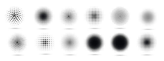 Halftone abstract dotted circle. Set of round halftones geometric dots gradient. Texture template. Black vector illustration isolated on white background.