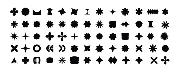 Futuristic retro vector minimalist shape. Y2K Vector. Retro futuristic Y2K graphic icons. Collection of different graphic elements, star, shapes, spheres, icons, frame, graphic design. Vector 