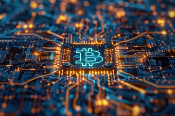 Bitcoin symbol glowing on circuit board - Concept of cryptocurrency, blockchain technology, and digital finance