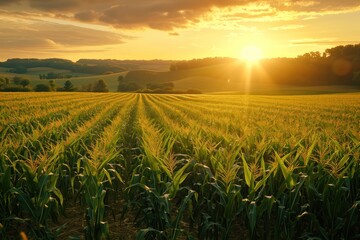 Sunset over lush cornfield with rolling hills - Concept of agriculture, farming, and rural beauty