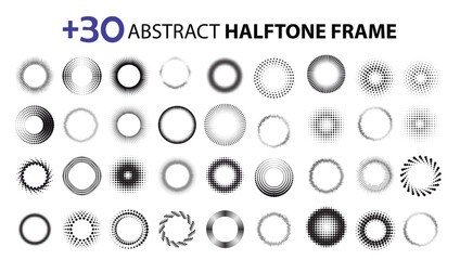 Circle dotted frames. Gradient halftone dots pattern shapes, dot spray gradation halftone frames. Halftone dotted labels vector illustration set