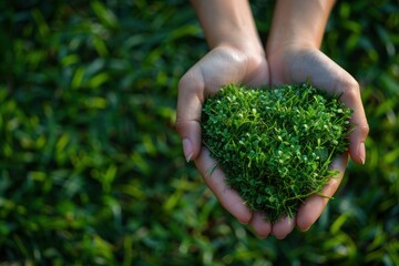 Naklejka na ściany i meble human hands holding green heart shaped grass, eco green nature resource and sustainable energy concept