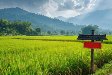 A rural rice field marked with a red sign with text For Sale.