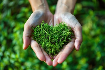 Naklejka na ściany i meble human hands holding green heart shaped grass, eco green nature resource and sustainable energy concept
