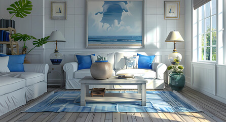 white wood living room furniture with blue accents and wooden floors