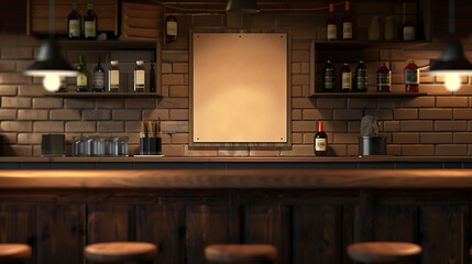 Cafe bar with empty kraft paper on the wall, vintage style.