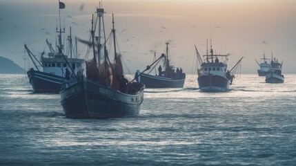 Fishing boats in the sea at sunset. Shallow depth of field.