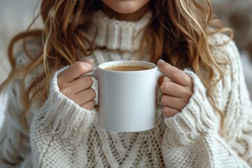 Close-up of warm hands clutching a steamy coffee mug, wrapped in a knitted white sweater, suggesting comfort on a cold day. - obrazy, fototapety, plakaty