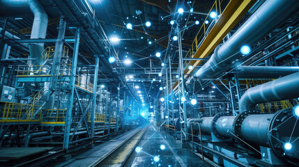 Industrial Pipes with Digital Interface - A network of industrial pipes overlaid with a futuristic digital interface, highlighting smart industry concepts.