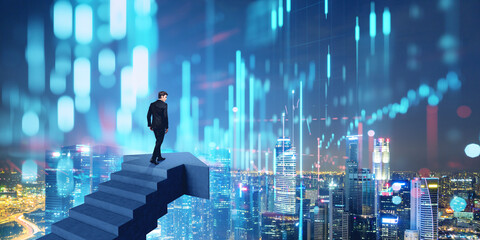 Businessman and virtual screen with stock market. Ai generative illustration