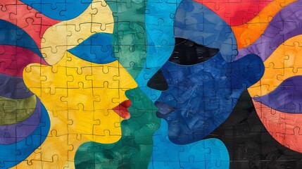 Psychological analysis of relationship complexity  portrait of man and woman as puzzle pieces