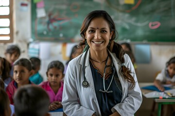 Stethoscope held on shoulder and smiling kindly, beautiful middle-aged Indian female doctor in a classroom teaching medical education to a group of young children.
