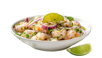 shrimp ceviche with onions isolated, lemon
