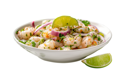 shrimp ceviche with onions isolated, lemon
