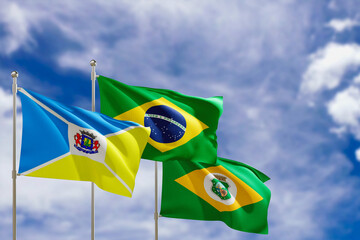 Official flags of the country Brazil, state of Ceara and city of Juazeiro do Norte. Swaying in the wind under the blue sky. 3d rendering