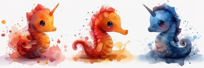 Seahorse fish watercolor painting in white background
