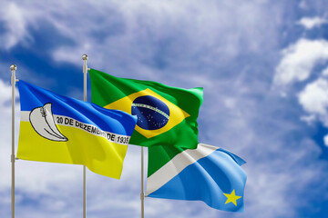 Official flags of the country Brazil, state of Mato Grosso do Sul and city of Dourados. Swaying in the wind under the blue sky. 3d rendering