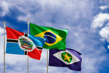 Official flags of the country Brazil, state of Mato Grosso and city of Rondonopolis. Swaying in the wind under the blue sky. 3d rendering