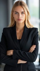 Confident and stylish businesswoman in elegant attire on blurred defocused background